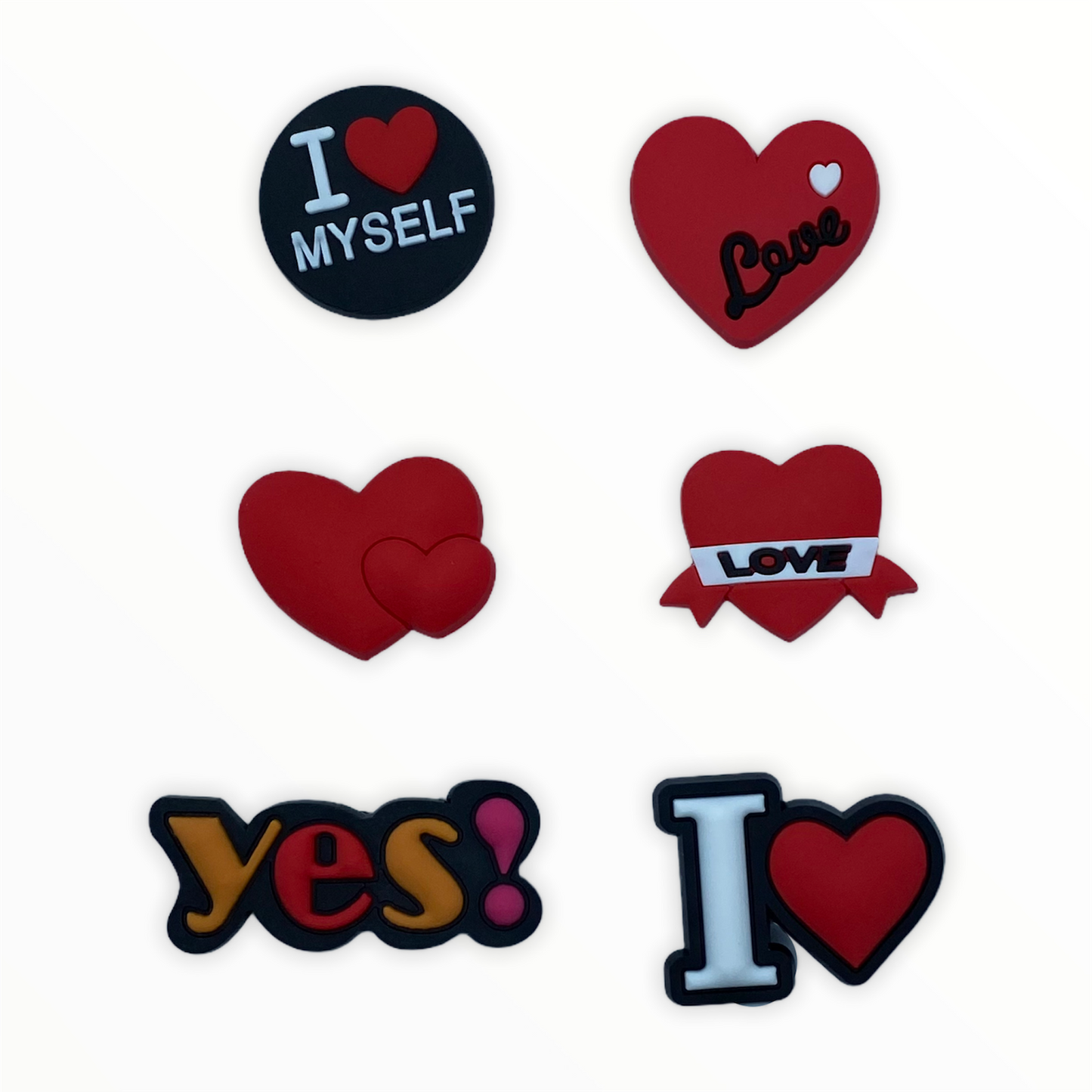 JENDORE 6 pcs Lot I Love Myself Hearts Charms de chaussures pour bracelets ou sabots 