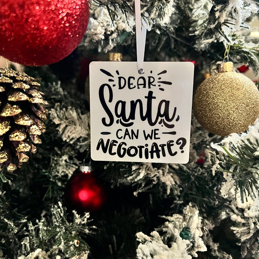 JenDore fait à la main « Cher Père Noël, pouvons-nous négocier ? » Ornement de Noël en bois