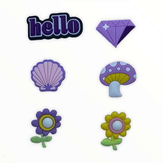 JENDORE 6 pcs Lot Hello Purple Charms de chaussures pour bracelets ou sabots 