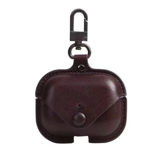 JenDore dark brown leather AirPods Pro case with button closure and keychain clip – protective pouch for everyday use